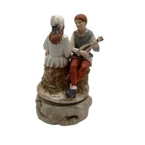 Vintage Japan Rotating Music Box Figurine Boy with Mandolin & Girl